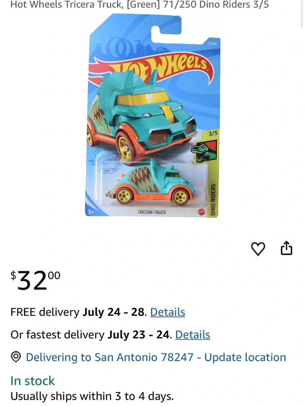 Hot Wheels Tricera Truck (Green) 71/250 Dino Riders 3/5